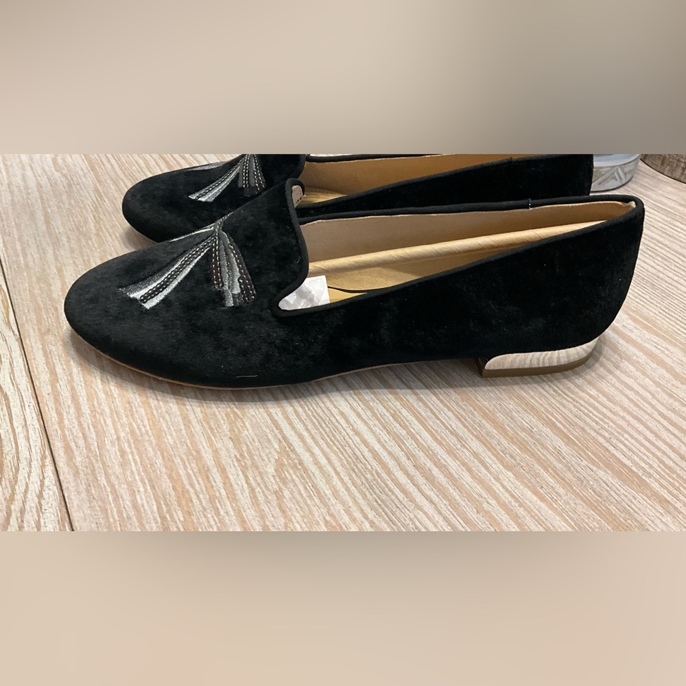 Black leather and textile evening shoe, new size 7.5